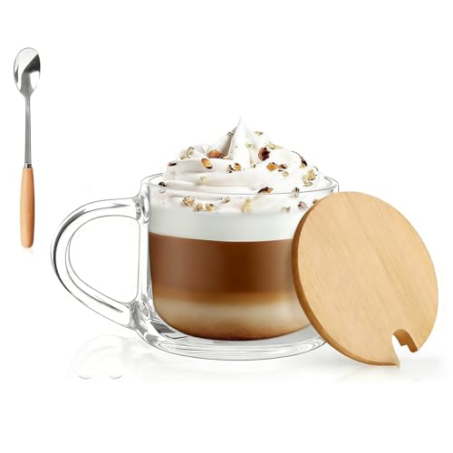 350 ml Latte Macchiato Glasses withBreakfast Cup with Wooden Lid and Spoon for Latte/Cappuccino/Drinks/Tea/Coffee