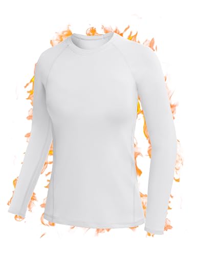 RIKUAOU Long Sleeve Thermal Shirts for Women Fleece-Lined Undershirts Base Layer Tops for Running Workout Cold Weather White