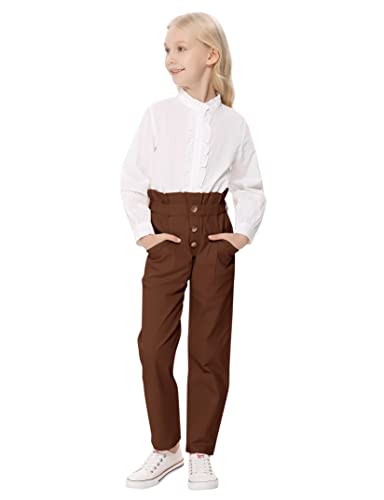 Kukume Girls Pants Lettuce Trim High Waist Casual Trousers 3-4 Years Brown #TOP5