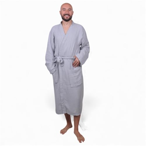 Image of Muslin Bathrobe - Cotton Gauze Robe for Women and Men - Lightweight Breathable Summer Kimono - Boho Spa /Maternity Robe