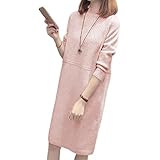 [ニューネ] ニットワンピース レディース ハイネック ロング チュニック ワンピース 秋冬 春 セーター プルオーバー リブセーター ニットセーター ニットスカート モックネック スリム マタニティ スクール オフィス カジュアル ルームウェア パジャマ パジヤマ 厚手 厚地 通勤 部屋着 寝間着 普段着 柔らかい あたたかい ふわふわ かぶり にっと 桃色 もも ピンク 2A-W08-PKM