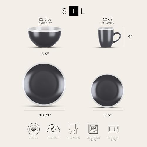 Image of Stone Lain Serenity 32-Piece Stoneware Dinnerware, 2-Tone, Speckles, Dark Gray and Cream,