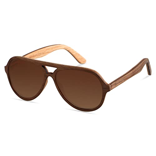 ANDWOOD Wood Sunglasses Polarized for Men Women UV Protection Wooden Sun Glasses Bamboo Shades Aviator Walnut Brown Handmade