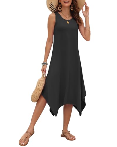 AUSELILY Women's Summer Dresses 2025 Casual Sleeveless Sundress Asymmetrical Hem Midi Tank Beach Dress with Pockets