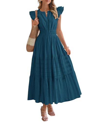 BTFBM Dresses for Women Spring 2026 Maxi Casual Dress Flutter Short Sleeve V Neck Elastic Waist Boho Beach Vacation Pockets(Lake Blue, X-Large)