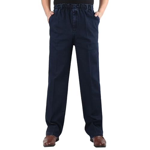Mens Elastic Waist Jeans Casual Loose Fit Stretch Mens Pull on Plus Size Jeans Relaxed Fit Denim Pants
