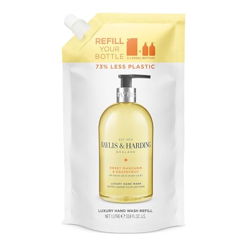 Baylis & Harding Sweet Mandarin & Grapefruit Hand Wash Refill Pouch 1 Litre | Enriched with Natural Oils & Vitamins A B C | Fruity & Floral Fragrance | Eco-Friendly Refill for 2 x 500ml Bottles