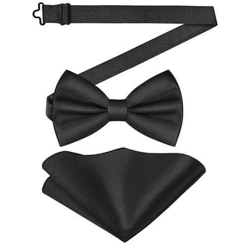 URAQT Fliege, Set Einfarbig Fliege mit Einstecktuch, Fliegen für Herren Einstellbar, Elegantes Set für Hochzeit, Business, Party, Männer Accessoire, Schwarz