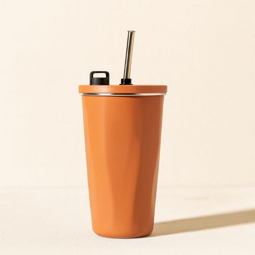 Image of YELONA 600 ml Vacuum Insulated Tumbler with Retractable Straw | Stainless Steel Portable Mug for Hot & Cold Beverages | Leak-Proof, Twist-Off Lid Flask for Coffee, Tea, Juices & More - Hot Orange