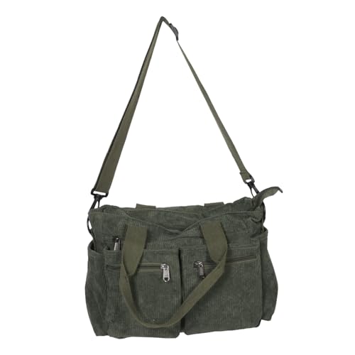 Sac bandoulière velours côtelé vert à sangle réglable et grande capacité