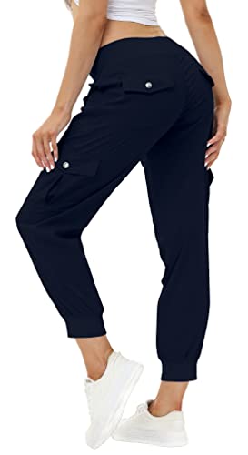 MoFiz Women Cargo Pants with Pockets Lightweight Outdoor Summer Travel Casual Hiking Pants Running Joggers Sweatpants Elastic Waist Navy XL