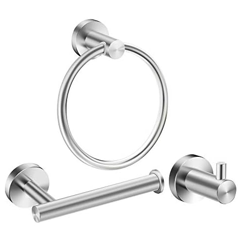 Marmolux 3-Piece Brushed Steel Bathroom Hardware Set - Towel Ring, Toilet Paper Holder, and Towel Hook Cover
