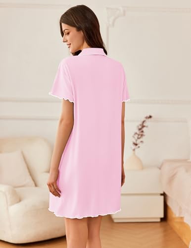 Ekouaer 2er Nachthemd Damen Kurzarm Sommer Schlafshirt V-Ausschnitt Stillnachthemd mit Knopfleiste Atmungsaktiv Sleepshirts Nachtwäsche mit Brusttasche Schwarz/Dunkelrosa XL