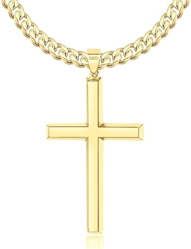 S925 Sterling Silver / 14K Gold Plated Beveled Edge Cross Necklace for Men Women with 5mm Diamond Cut Cuban Link Chain, Fashionable Men's Crucifix Pendant Chain Necklaces 16-30 Inches