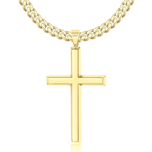 14K Gold Plated Beveled Edge Cross Necklace for Men Women, 5mm Diamond Cut Gold over Sterling Silver Cuban Link Chain, Fashionable Men's Crucifix Pendant Chain Necklaces 16-30 Inches