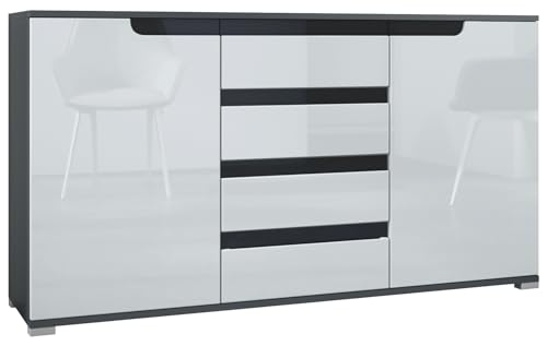 Vladon Buffet Dressoir Sylt, Corps en Noir Mat/Façades en Blanc Haute Brillance avec Un Decor en Noir Haute Brillance (139 x 72 x 35)