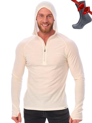 Image of Merino.tech 100% Merino Wool Hoodie Men - Slim Fit Merino Wool Base Layer Mens Half Zip Thermal Long Sleeve Shirt and Socks