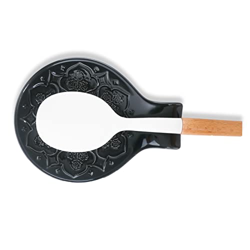 Image of Ceramic Spoon Rest for Kitchen Counter and Stove Top - Farmhouse Style Ceramic Spoon Holder for Cooking & Counter Protection(Black)
