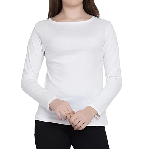 harlogistics Womens Plain Long Sleeve Round Neck Top Tshirt - Stylish Fit T-Shirt for Girls - Casual Wear - Basic Womens Stretch T-Shirt - Basic Stretchable Tees (White, S-M)