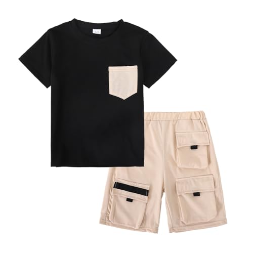 Azmxynol Tween Boys Clothes Kids Summer Short Sleeve Shirt Top + Cargo Shorts 2 Pieces Spring Casual Outfit Set Size 6 7