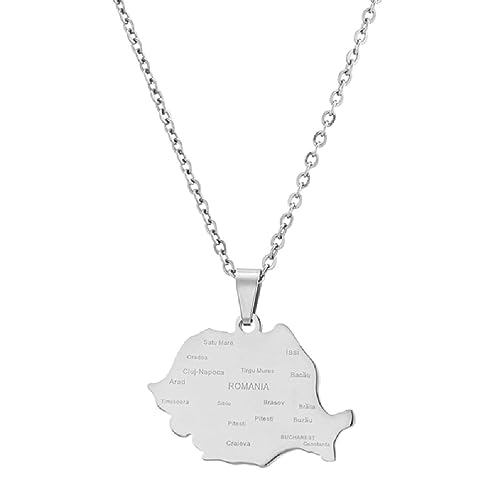 Hyclam Collier tendance avec pendentif carte de la Roumanie en acier inoxydable - Collier à chaîne fine