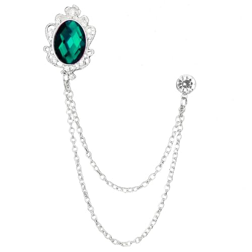 Image of Vintage Gemstone Chain Brooch Pin Rhinestone Long Chain Tassel Suit Pin Zircon Oval Crystal Lapel Pin Jewelry for Women Men