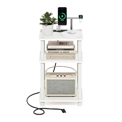 Image of Furinno Just 3-Tier Turn-N-Tube Open Storage Side Table, End Table with USB and Type-C Charging Station, White /White