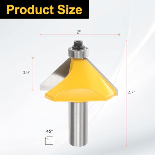 Image of HARFINGTON 45 Degree Chamfer Router Bit 1 /2 Inch Shank 0.9 inch Cutting Length Carbide Tip with Bearing for Woodworking Milling Cutter Tool, Yellow