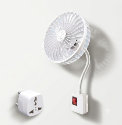 Image of Mini Compact 5 inch Inch Electric Plug-in Fan - with 360* Flexible Hose Pipe, On /Off Switch, White, with Universal Travel Adapter