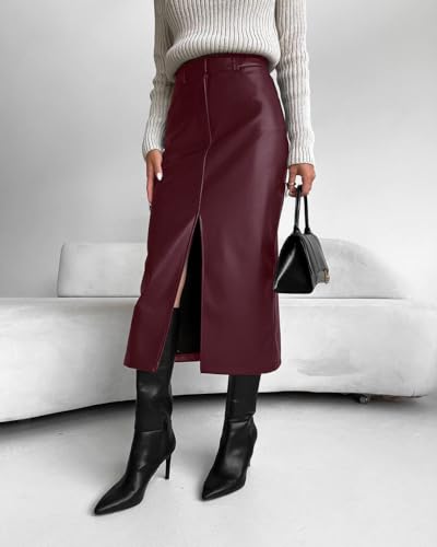 Wuitrie Leather Skirt Women 2025 Trendy PU Leather Long Skirt High Waist Zip Slim Split Pencil Midi Skirts3
