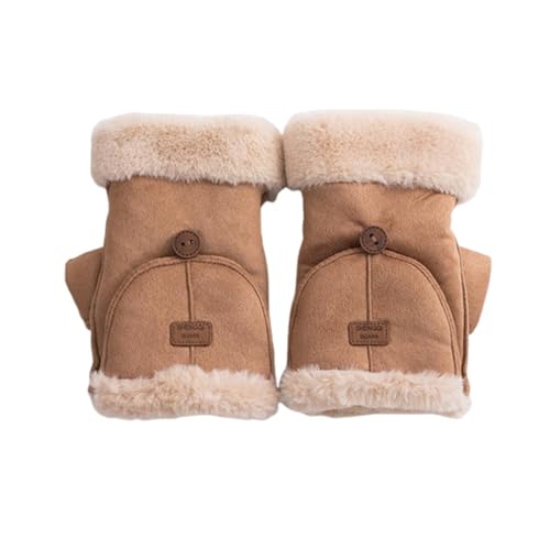 Women's Thermal Fingerless Gloves Convertible Flip Top Mittens for Cold Weather Outdoor Activities, Khaki