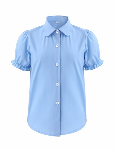 Girls Button Down Shirt Puff Sleeves Blouse Summer Cute Top Doll Collar School Uniform, 4-13Y