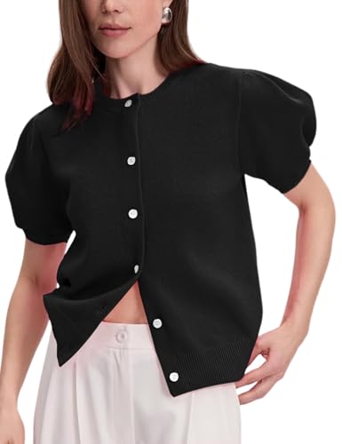 Womens Lightweight Puff Short Sleeve Cardigan Sweater Summer Y2k Cropped Knit Button Up Blouse Tops