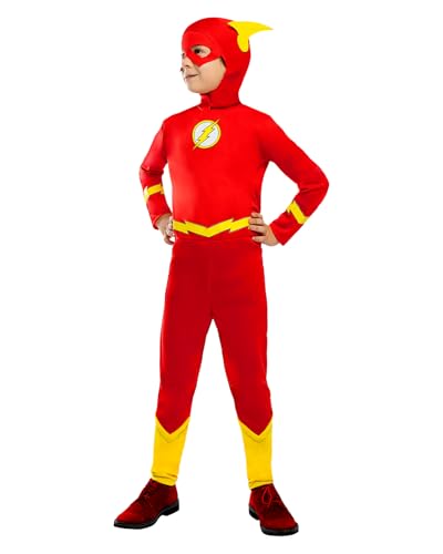Funidelia Disfraz Oficial de Flash para niño, Incluye mono y gorro con alas, Superhéroes, DC Comics - Traje para niños para fiestas, Carnaval y Halloween, Talla 7-9 años