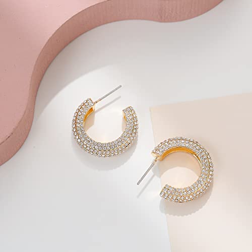 WOWORAMA Chunky Open Hoop Earrings for Women Gold Pave CZ Chunky Hoops Sparkly Crystal C Shaped Round Hoop Earrings Cubic Zirconia Thick Hoops Earrings4