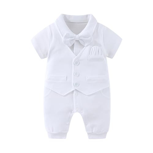 Hresadio Baptism Outfits for Baby boys Christening Outfit Dress Shirt Romper Bowtie Newborn Tuxedo Jumpsuit Formal Suit White 3-6 Months
