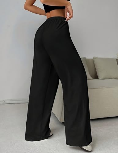 Women’s Solid Color Wide Leg Pants, Elastic Waist Drawstring Casual Trousers, Loose Fit Lounge Pants for Daily Wear2