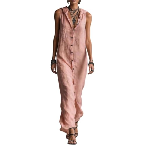 Robe longue fendue avec capuche et boutons frontaux en lin léger