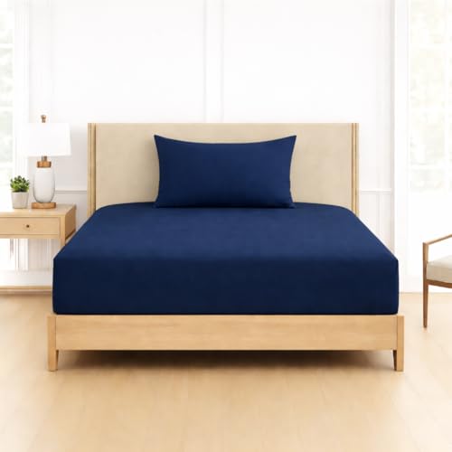 Image of DECOR2ADMIRE 300 TC Premium Glace Cotton Solid Lines Pastel Shades Bedsheet for Single Bed with 1 Pillow Cover for Home (Solid-Plain Navy Blue, Single 60 inch x 90 inch)