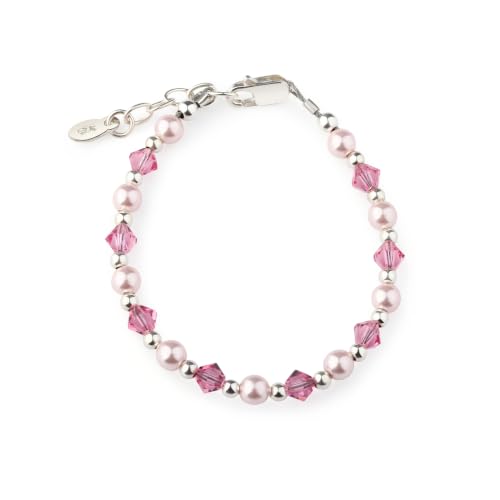 Image of Cherished Moments 925 Sterling Silver Charm Bracelet for Babies, Toddlers, Kids or Little Girls with Simulated Pearls, Pink Crystals and Heart, Gift for Birthday or Granddaughter