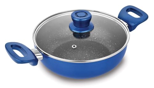 Image of KITCH'N'STUFF || Non Stick Hammered Tone Kadhai with Glass Lid 1 LTR, 22 cm, Blue (THk 3.0MM)