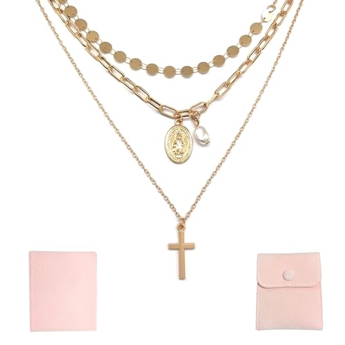 Cross Layered Necklace Pendant Handmade Gold Plated Dainty Multilayer Choker Layering for Women Necklaces Stylish Minimalist Crucifix Pendants Simple Chain Stacked Necklace Jewelry Gifts