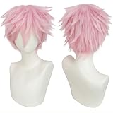 ANOGOL Hair Cap + Short Pink Wig Men Light Pink Wig for Anime Cosplay Pastel Unisex Hair for Women Men Short Spiky Wigs Synthetic Wigs Halloween Party Costume Outfit