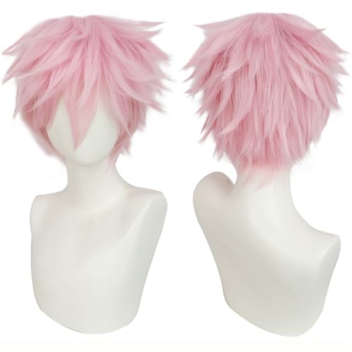 ANOGOL Hair Cap + Short Pink Wig Men Light Pink Wig for Anime Cosplay Pastel Unisex Hair for Women Men Short Spiky Wigs Synthetic Wigs Halloween Party Costume Outfit