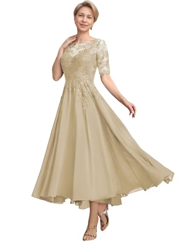 Mother of The Bride Dresses for Wedding Tea Length Lace Chiffon 3/4 Sleeves Formal Evening Gowns