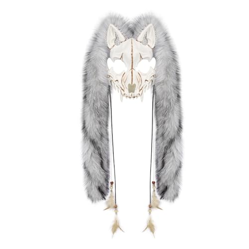 Holiberty Animal Head Wolf Mask Furry Viking Headpiece Halloween Warrior Werewolf Costume Scary Skull Bone Devil Cat Mask Halloween Cosplay Party Decor Props for Women Men
