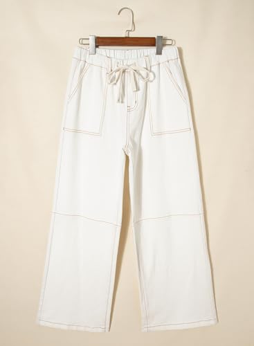 Sidefeel Women's Wide Leg Jeans High Waisted Elastic Stretchy Straight Leg Baggy Jeans Drawstring Trendy Loose Denim Pants Cream White Size 4