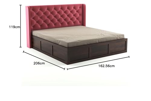 Image of Solid Sheesham Wood Queen Size Bed with Storage | Wooden Double Bed Cot Bed with Box Storage & Velvet Upholstered Cushioned Headboard for Bedroom (Walnut A, Queen)