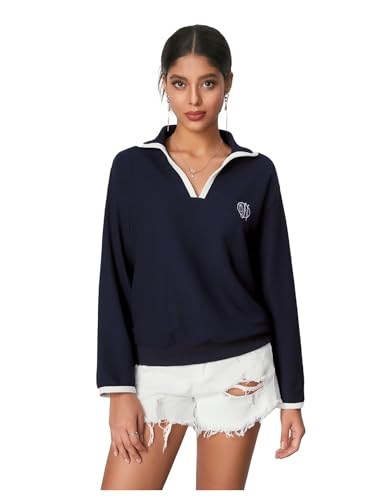 WDIRARA Women's Letter Graphic Sweatshirt V Neck Contrast Collar Long