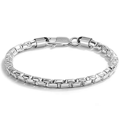 Men 925 Sterling Silver Bracelet Fashion Italy 5MM Square Rolo Link Round Box Chain Bangle 6.5 